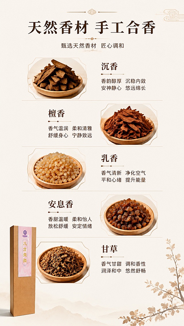[第4屏] 甄选香材页 - 八方来财线香原料展示页面。本屏左下角添加缩小的产品图【图1】。
[氛围/风格] 简约中式设计，自然干净质感，适合电商商品展示。
[元素布局] 页面顶部放主标题，中间分区域展示五种天然香材，每种香材配简短文字说明，左下角放置缩小的产品包装盒，保持产品外观和输入图一致。
[光影质感] 均匀柔光照明，整体明亮清晰，文字和图像都保证足够清晰度。
[配色色系] 米白色浅底色，深棕色文字，原木色装饰线条，整体色调温暖柔和。
[视角构图] 正面垂直排版，信息分布均匀舒适，符合手机阅读习惯。
[文字版式] 标题文字为「天然香材 手工合香」，字体适中加粗；每种香材名称搭配一句话特点说明，文字清晰不拥挤，保证手机端可读。
[比例分辨率] 9:16竖版，4K高清，文字清楚可识别。
[负向提示词] 违规内容，政治敏感，宗教元素，夸大宣传，文字模糊，排版错乱，产品变形