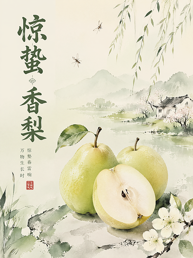 请帮我生成6张二十四节气美食海报，分别是惊蛰，清明，小暑，秋分，冬至，霜降；对应的美食分别是惊蛰是香梨，清明是青团，小暑是糯米藕，秋分是酿蟹，冬至是汤圆，霜降是柿饼；6张图片排版风格要一致，字体排版要一致，美食为大体，背景为相对应的二十四节气，整体风格为简约水墨风格。