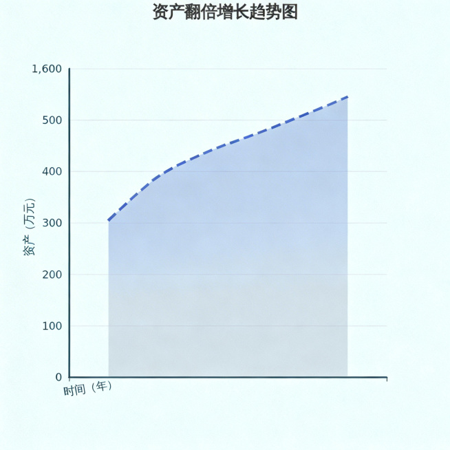 生成一张资产翻倍主题的金融图表，展示资产随时间翻倍增长的趋势，使用折线图形式，延续低饱和度专业金融风格，简洁清晰预览效果
