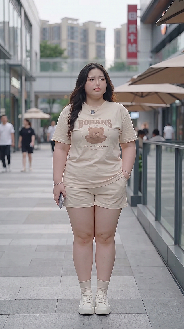 将图中女生的身材增加50斤，整体明显变胖，脸部圆润，手臂粗壮，腰腹赘肉明显，大腿更粗，保持人物的面部特征、发型、服装和背景不变，姿势不变，画面真实自然