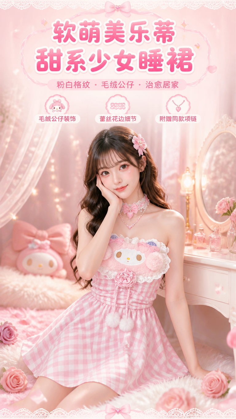 [商品] 使用【图1】粉白格纹美乐蒂主题抹胸睡裙+蕾丝蝴蝶结颈… - 图片创意预览