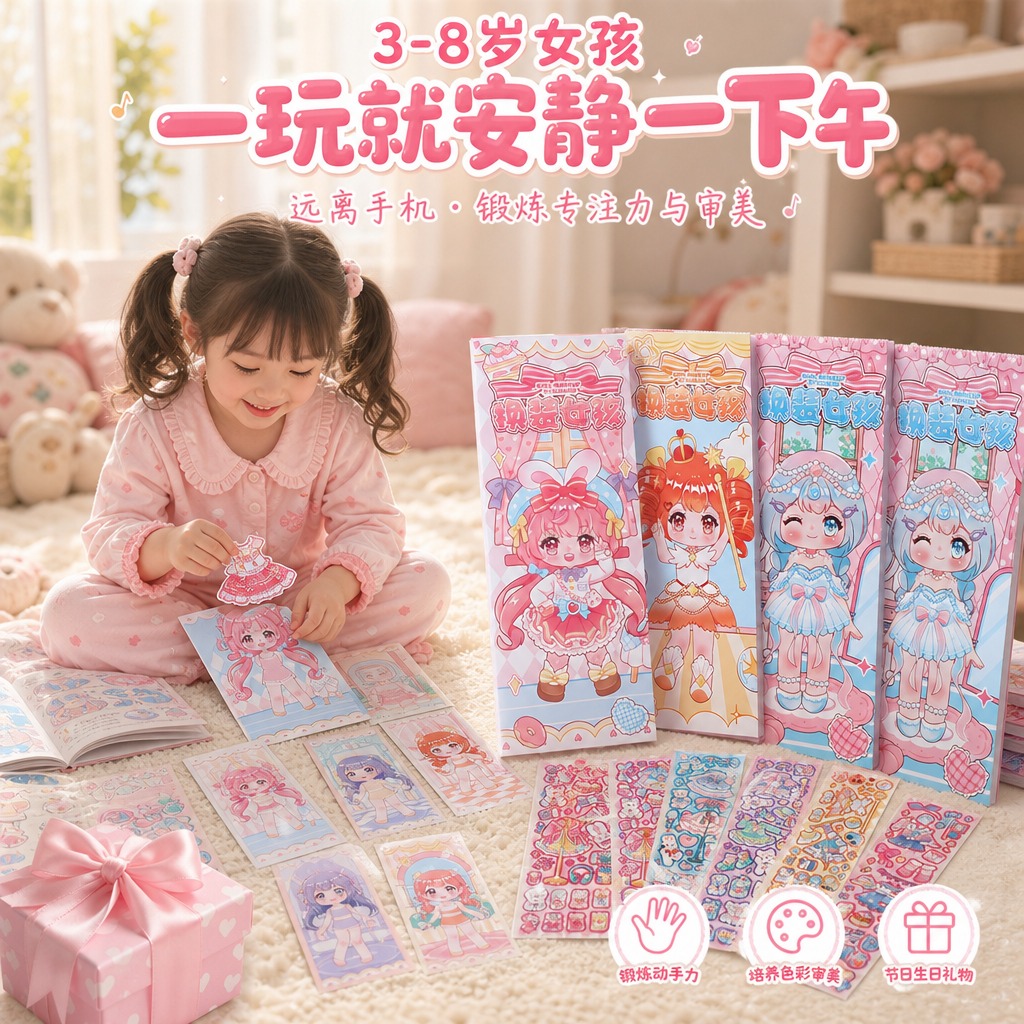1:1正方形电商主图，场景送礼主题，3-8岁女孩，人物卡平铺桌… - 图片创意预览