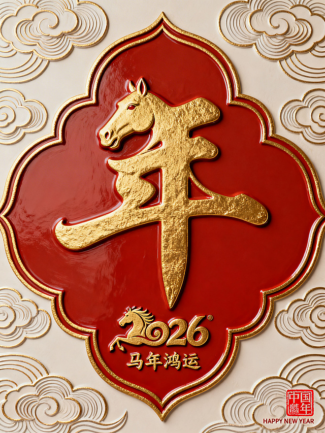 马年海报，传统祥云纹和新年元素图形设计 抽象纯金色的马头与金色“年”字巧妙融合，抽象草书，新颖夸张构图，大写意，采用细腻的曲线相互交织，构建出富有层次感的立体图案。背景是精美的祥云纹，主图案与底纹有明显区分，纯平面设计，其蜿蜒曲折的线条不仅增添了视觉上的丰富性，还蕴含着生生不息、繁荣昌盛的美好寓意。徽章占整体版面合理构图。优雅与庄重的氛围，红色纸质背景，主图案下方艺术字''2026"与奔马图案结合组成logo形式。画面下方有小字装饰性排版：“马年鸿运”、右下角红色印章“中国年”、“HAPPY NEW YEAR” ，意境留白，极具艺术特色，极简主义，大师作品。