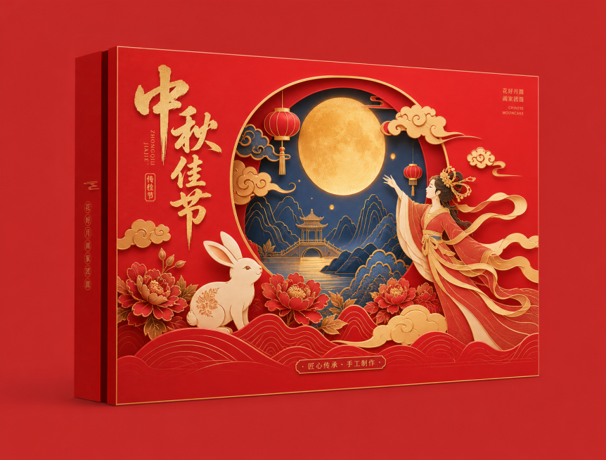 参考图片风格，重新生成中秋节月饼礼盒包装设计，保留红色中式国潮风格，保留玉兔、嫦娥、祥云、中秋佳节文字元素预览效果