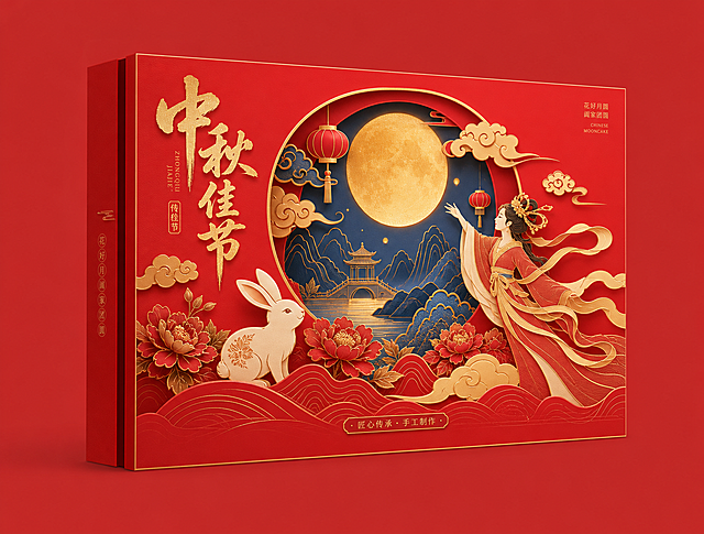 参考图片风格，重新生成中秋节月饼礼盒包装设计，保留红色中式国潮风格，保留玉兔、嫦娥、祥云、中秋佳节文字元素