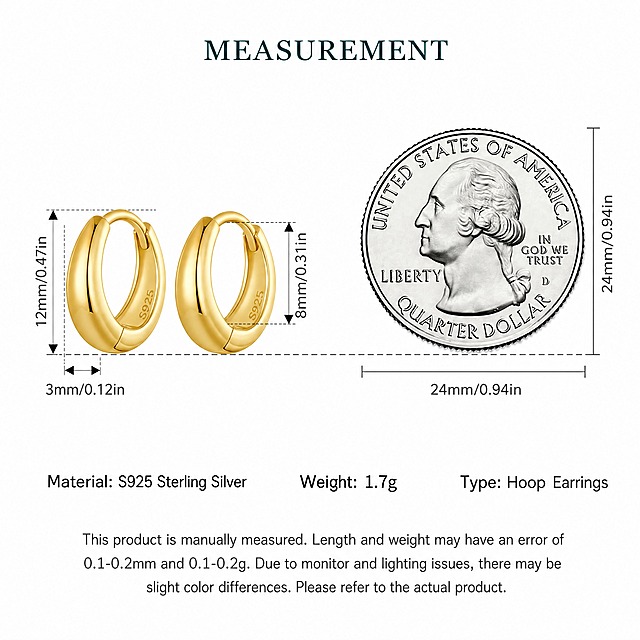 [商品] 使用【图4】的金色简约耳扣耳环（一对两只，不同角度展示）；保留耳扣的圆润光面造型、金色金属质感、开合结构和内侧S925刻印；右侧保留25美分硬币作为尺寸参照；商品本体文字不翻译、不替换。
[画面] 目标：尺寸测量参数页，清晰展示产品规格。上半部分左右布局：左侧为一对耳扣的正侧面尺寸标注图（带毫米和英寸双单位引线），右侧为25美分硬币尺寸参照图；下半部分为三列参数信息和底部测量说明文字；整体构图与原图4一致。
[视觉] 套系策略：风格=跨境极简高级商业珠宝摄影；标题字=优雅衬线粗体（深墨绿）；正文字=简洁无衬线体（深灰）；主色=纯白色背景；背景延展=纯白底+浅灰细尺寸线；强调色=深墨绿（#1A4A4A），仅用于标题；标题色=深墨绿；正文色=深炭灰；组件=细黑尺寸引线、毫米/英寸标注、三列参数布局；光影=均匀无影棚拍光，金属耳扣有清晰高光。
[文字] 顶部居中标题："MEASUREMENT"（深墨绿衬线大写体）；尺寸标注文字："12mm/0.47in"（高度）、"8mm/0.31in"（内径高度）、"3mm/0.12in"（厚度）、"24mm/0.94in"（硬币直径）；下半部分三列参数：左列"Material: S925 Sterling Silver"，中列"Weight: 1.7g"，右列"Type: Hoop Earrings"；底部说明文字："This product is manually measured. Length and weight may have an error of 0.1-0.2mm and 0.1-0.2g. Due to monitor and lighting issues, there may be slight color differences. Please refer to the actual product."；所有文字横向排版。
[规格] 图片比例1:1方版，4K分辨率，负向提示：避免变形、错字、文字模糊、耳扣结构改变、尺寸标注错误、硬币图案失真。