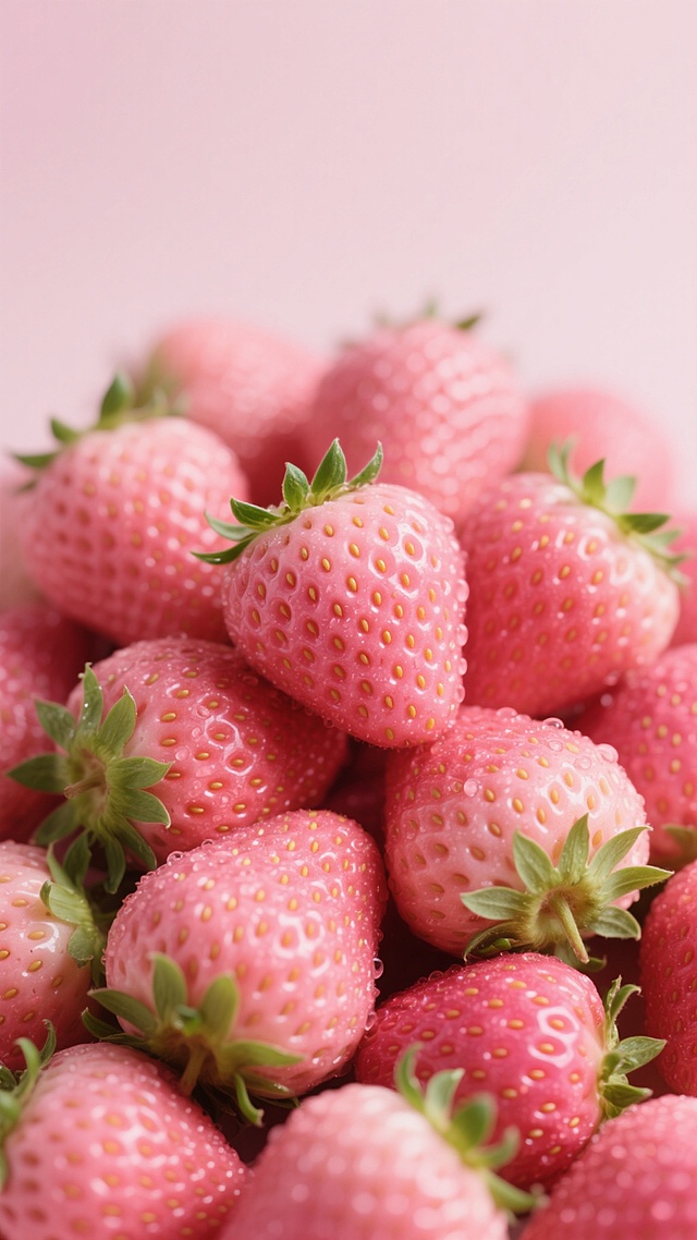 一堆新鲜饱满的草莓，果实呈现鲜艳的粉红色，表面布满细小的黄色种子，绿色的草莓蒂带着锯齿状的叶子，草莓表面有晶莹的水珠光泽，整体构图密集饱满，采用柔和的自然光照明，光影过渡自然，背景为浅粉色，突出草莓的娇嫩质感，高分辨率特写镜头，细节清晰，色彩明亮清新，营造出甜美诱人的氛围。