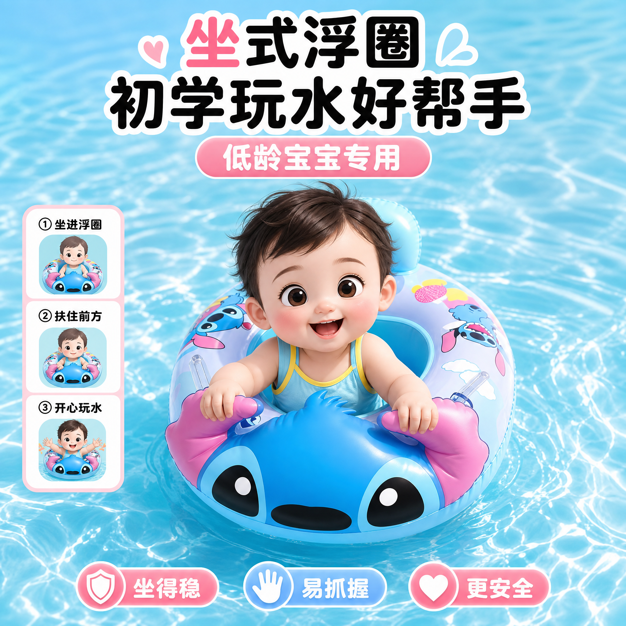 [主图-10] 坐式浮圈 助力宝宝初学玩水 低龄宝宝专用 [统… - 图片创意预览