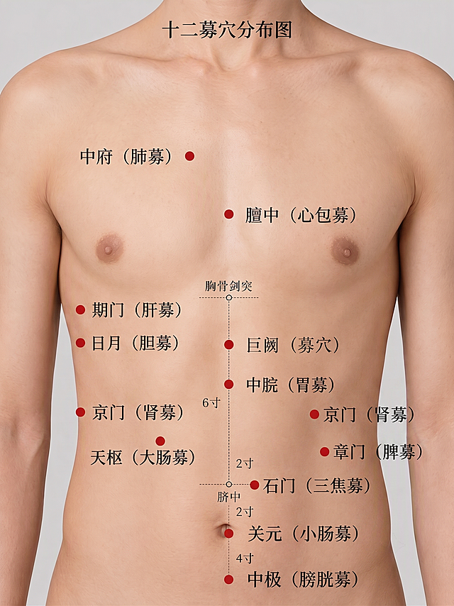 募穴的位置是12个，分别是中府、膻中、期门、巨阙、日月、中脘、京门、章门、天枢、石门、关元、中级这12个，在这张图上分别标注上这些穴位