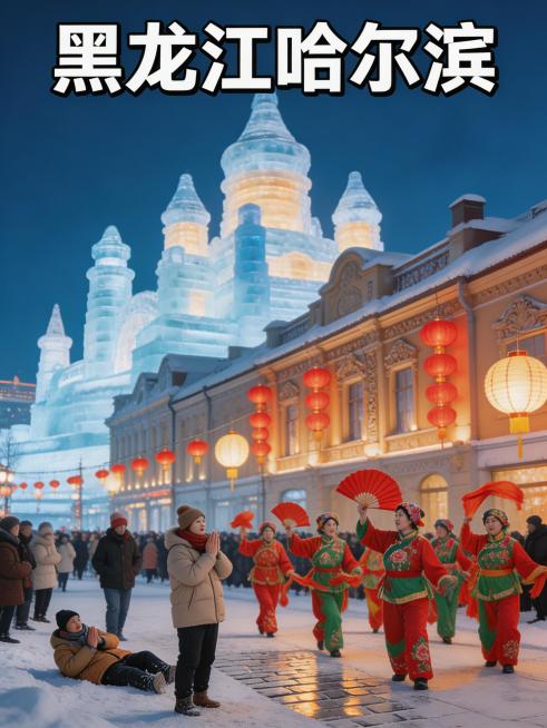 3:4竖版构图，画面醒目文字标注"黑龙江哈尔滨"，北国冰雪元宵盛会，冰雪大世界冰雕雪筑与元宵花灯交融，中央大街欧式建筑红灯笼高悬，市民滚冰祈福、东北秧歌巡游，白雪与暖灯冷暖对比，冰雪通透质感，夜景高清预览效果
