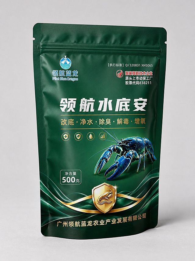 将领航水底安产品包装制作成立体自立袋（软包装）效果，参考第二张图的袋子样式。袋子呈正面微侧的立体角度，顶部有拉链封口和易撕口，底部有自立底可以站立。包装正面深绿色背景、"领航水底安"白色大字、领航蓝龙LOGO、蓝色澳洲淡水小龙虾、金色盾牌、绿色波浪、净含量500克、公司名称等所有设计元素完整印在袋子正面。袋子材质为哑光铝箔复合膜质感，有自然的软包装褶皱和光影，顶部有轻微弧度，整体挺括有型。背景为纯净浅灰色，袋子底部有柔和阴影，整体效果真实精致。