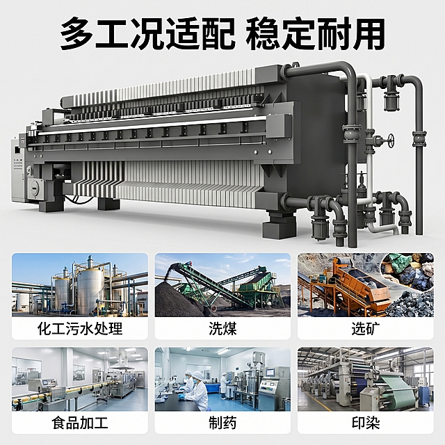 [主图-5] 板框式压滤机第五屏主图，展示多工况适配稳定耐用卖点，并添加适用场景展示。
[氛围风格] 专业工业B端风格，和全套主图风格完全统一
[画质] 商业摄影质感，产品清晰真实，画面干净高级
[元素] 基于输入图片生成板框式压滤机，保留产品原有外观结构材质颜色不变，杜绝变形色差。上方放置产品主体，下方六宫格排列展示适用工况场景：化工污水处理、洗煤、选矿、食品加工、制药、印染，每个场景配小图和对应名称。整体为上下结构，满版排布，高信息密度
[光影] 整体光线均匀明快，产品光影和前四屏保持一致，下方场景小图光线自然清晰
[配色] 延续深灰产品+浅灰背景的专业配色，文字对比清晰，场景图色彩自然
[视角构图] 上方产品展示，下方场景宫格，满版无边框构图，信息层级清晰
[文字版式] 顶部主标题大字"多工况适配 稳定耐用"，黑色加粗最大号；下方每个宫格内底部添加对应场景名称小字标签，白底深字清晰。整体文字不遮挡产品主体，布局规整
[比例分辨率] 1:1 比例，2K 分辨率，文字清晰可辨，超高清
[负向提示词] 变形，水印，文字错乱，产品模糊，背景杂乱，风格不统一