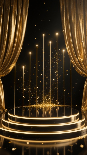 一个华丽的圆形舞台，舞台底部有三层金色的发光灯带，灯光在黑色的舞台表面形成了清晰的倒影。舞台后方是深邃的黑色背景，两侧垂落着带有金色光泽的弧形幕布。背景中垂直分布着多根细长的金色光柱，光柱之间飘散着金色的闪光粒子和细小的亮片，营造出奢华而梦幻的氛围。整个场景采用黑金配色，光影对比强烈，充满了高级感和舞台的仪式感。预览效果