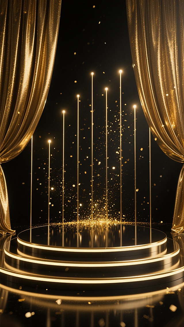 一个华丽的圆形舞台，舞台底部有三层金色的发光灯带，灯光在黑色的舞台表面形成了清晰的倒影。舞台后方是深邃的黑色背景，两侧垂落着带有金色光泽的弧形幕布。背景中垂直分布着多根细长的金色光柱，光柱之间飘散着金色的闪光粒子和细小的亮片，营造出奢华而梦幻的氛围。整个场景采用黑金配色，光影对比强烈，充满了高级感和舞台的仪式感。