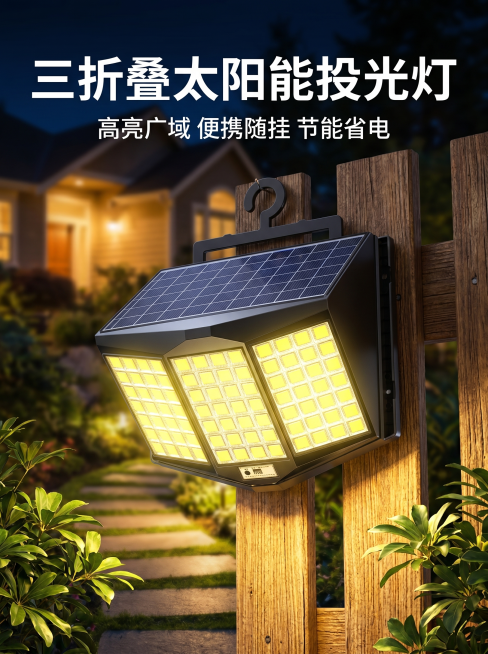 [电商详情首图] 三折叠太阳能投光灯户外庭院场景主视觉图。[氛围风格] 高端商业电商首图，夜晚户外真实场景，氛围感强。[画质] 商业广告摄影质感，超高清，光线对比清晰，产品细节锐利，画面干净高级。[元预览效果