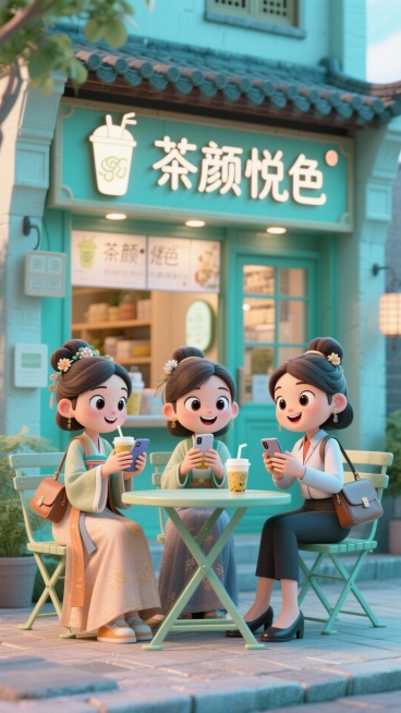 奶茶店门口，3个下班后的上班族女孩古装在喝奶茶刷手机，现代扮相大眼睛，场景是古代场景，但是氛围又有现代感，浅青绿色系，呈现下班后的快乐的感觉和氛围，不要“新手班”几个字，奶茶店是“茶颜悦色”，奶茶店外预览效果