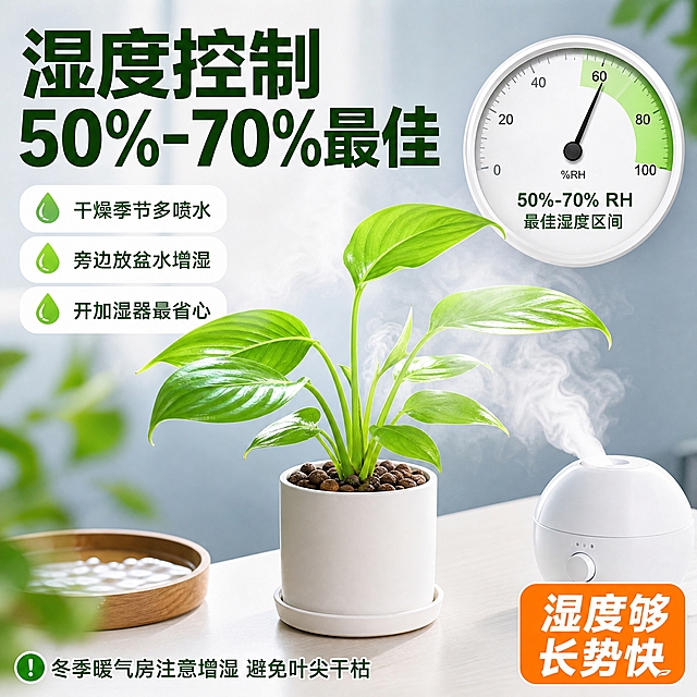 [主图-7] 湿度控制 50%-70%RH适宜湿度场景。
[统一基调] 拼多多爆款商业风，大字直白高转化；主色青柠绿+纯白+活力橙点缀；明亮加湿器场景；标题粗黑无衬线大字，辅助字常规无衬线中号，强调色活力橙圆角标签；高饱和高对比干净通透。
[画面] 画面中央是一盆白掌幼苗，叶片翠绿饱满，旁边放着一个小型白色加湿器正在喷出白色雾气，雾气轻柔地飘向植物周围，营造湿润的环境氛围，主体占画面约55%。盆栽和加湿器放在浅色台面上，背景是明亮的浅色调。画面右侧有一个圆形湿度计表盘，指针指向60%的位置，表盘上清晰标注"50%-70% RH 最佳湿度区间"，用绿色高亮显示这个范围。幼苗外观与输入产品图一致，种在简约花盆中。
[光影质感] 柔和均匀的室内光，加湿器喷出的雾气有朦胧通透感，叶片因适宜湿度显得饱满有光泽，湿度计表盘清晰易读，整体清新湿润的视觉感受。
[配色] 叶片青柠绿，雾气白色半透明，加湿器白色简约，湿度计白底绿字，背景浅灰蓝调，标题深绿色，最佳区间高亮青柠绿。
[文字版式] 左上主标题大字两行："湿度控制"、"50%-70%最佳"，粗黑无衬线深绿色。左侧中部三个加湿小技巧："干燥季节多喷水"、"旁边放盆水增湿"、"开加湿器最省心"，每条配水滴图标。右下角活力橙圆角标签写"湿度够 长势快"。底部小字"冬季暖气房注意增湿 避免叶尖干枯"。文字放在左侧和底部负空间。
[输出要求] 1:1正方形，2048px，文字清晰，雾气效果真实自然，叶片清晰饱满；负向：变形、错字、模糊、杂乱、水印、平台logo、湿度过大滴水。