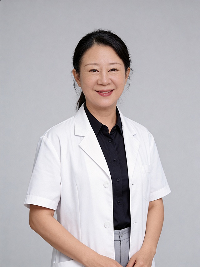 参考图中保留人物脸型、发型、年龄等特征生成医生职业形象照,标准焦段50mm,f/4光圈(f/2.8-f/4区间),平视视角(镜头与人物视线齐平);人物占画面70%,人物居中(居中构图),位于画面中心,为视觉聚焦点,入境范围头部及以下至臀部下方10cm(半身像);左右留少量背景空间;头部与画面顶部保留5%空间;头部发型完整,头肩比例协调,人物结构准确;发质微微柔顺，微微蓬松。身穿整洁高支精梳棉白大褂,内搭深色衬衫;下装浅灰色医护裤;着装正式干练;专业仁心、沉稳可靠、安全感十足、温和严谨;身形匀称,姿态端正,身体挺拔。呈自然站姿，双手自然摆放，肢体放松且自信;简约微微中度灰色纯色背景(呈现均匀柔和质感),背景光线均匀柔和,强化色彩对比的高级感。极简干净;画质超高分辨率、细节清晰,现代精致感风格;肤质精细化处理;眼神直视镜头,目光坚定且澄澈,表情自然。嘴角上扬;清透自然裸妆(轻薄底妆+淡唇妆)妆感轻薄轻透裸肌感,通透感肤质,肤质自然细腻,肤色健康均匀,雾面柔光裸肌感,保留真实皮肤细节｡正面柔光补光,4800K中性光,面部光比1:1.5,色调明亮｡中近景写实摄影,对焦清晰,高清保留皮肤细节｡分辨率4K,去除人物之外的所有元素，去除手腕配饰。严格按照图片内容生成。画面比例3:4