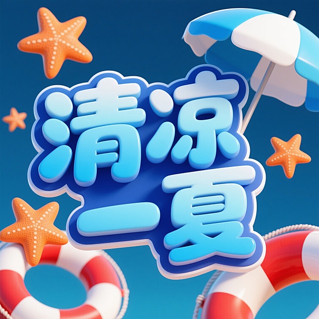 "清凉一夏"艺术字设计，3D立体效果，主色调为渐变蓝，从浅蓝到深蓝过渡，边缘有白色高光和深蓝色阴影，字体圆润饱满。左上角有一把蓝白相间的遮阳伞，伞面呈半开状态，伞柄向右下方倾斜。字体周围点缀着橙色的五角星海星，左下角和右下角各有一个红白相间的救生圈，救生圈上有白色的条纹。整体风格明快活泼，充满夏日海滩的清凉氛围，视觉层级清晰，以"清凉一夏"四字为核心视觉焦点，辅助元素围绕文字分布，色彩搭配和谐统一，符合夏季主题的宣传设计感。