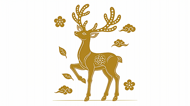 Paper-cut style, vector graphic, a natural standing deer with its right front hoof raised, head tilted upward at about 30 degrees, simplified elegant antlers, smooth contour lines with variable thickness, hollow-cut and layered paper art effect, clean white background, sharp edges, gold or white paper texture, flat colors, high-resolution vector illustration