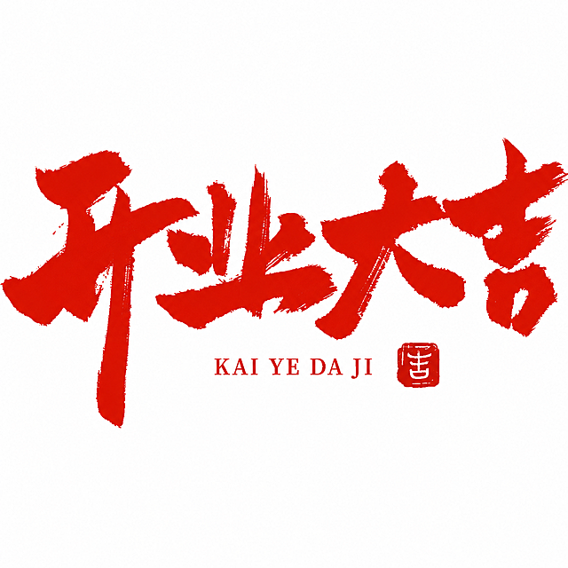 红色书法字体“开业大吉”，毛笔书法笔触，保留右下角红色印章和拼音KAI YE DA JI，纯白色背景，去除所有水印，保持整体干净整洁