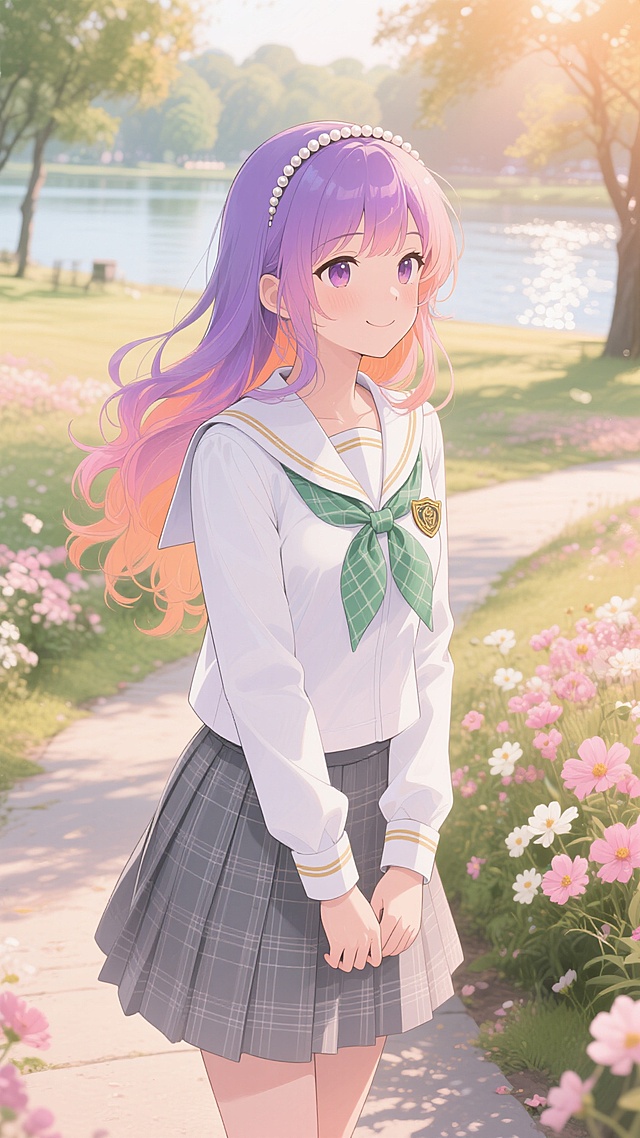 日系动漫风格插画，画面整体采用暖橙色与淡紫色渐变为主色调，柔和的午后阳光从侧上方照射，形成明亮的高光和细腻的阴影，光线通透感强，空气感十足。前景中，一位身着白色镶金边水手服外套、灰色格纹百褶裙的少女，她有着一头及腰的渐变粉紫色长卷发，发尾微微内扣，头顶戴着一个带有珍珠装饰的发箍，刘海呈自然的空气感波浪状。少女正侧身站立，双手自然交叠放在身前，身体微微前倾，面带温柔的微笑，双眼是清澈的橙紫色渐变眼眸，眼神明亮有神。她的绿色格纹领巾系成蝴蝶结状，胸前别着一个金色徽章。背景是开满粉色和白色花朵的公园小径，远处有波光粼粼的湖面和朦胧的绿色树木，整体构图采用三分法，少女位于画面中央偏左位置，背景元素层次分明，营造出温馨浪漫的氛围，画面细节丰富，线条流畅，色彩过渡自然，具有强烈的插画艺术感和视觉吸引力。