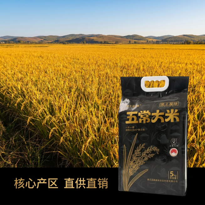 [主图 6] 五常大米生态稻田源产地
[氛围风格] 自然开阔秋收氛围，真实原生态
[画质] 高清风光摄影，通透自然
[元素] 前景放置产品包装，保持原图外观，背景是一望无际的五常秋季成熟金色稻田，远处预览效果