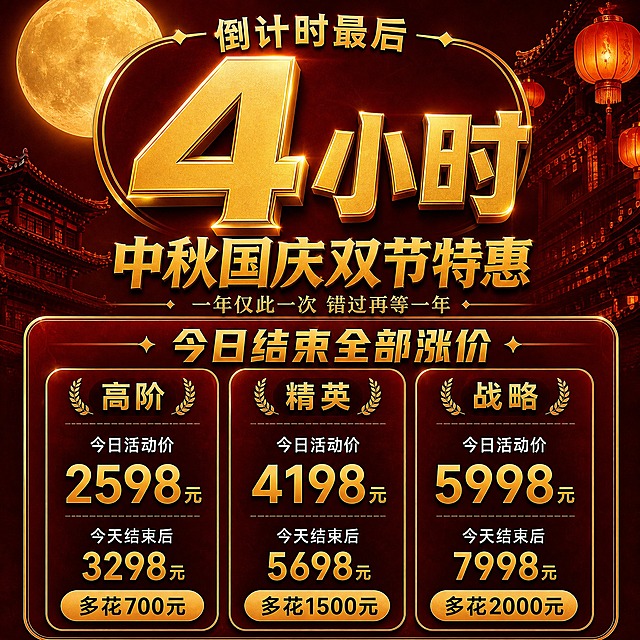 基于参考图，将顶部的"倒计时最后4小时"主题放大并更加突出明显，把"4小时"做成超大金色立体数字，字号远大于现在，成为画面最醒目的视觉焦点，位于画面最上方居中位置，占据顶部更大面积。"倒计时最后"文字缩小环绕在大数字周围或上方。下方"中秋国庆双节特惠"主标题相应下移并适当缩小，作为第二层级。其余副标题、三档价格卡片、今日结束全部涨价等内容保持不变，整体结构和红金国风风格（满月、灯笼、古建筑）保持一致。倒计时主题必须一眼可见，视觉冲击力强。画面中所有数字必须精确渲染，不得错位、遗漏或编造。