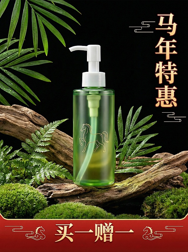 国潮风轻拟物设计，鎏金浮雕马纹瓶身，清透绿液搭配自然绿植，中式清新感十足，喜庆促销氛围浓厚，马年特惠买一赠一。