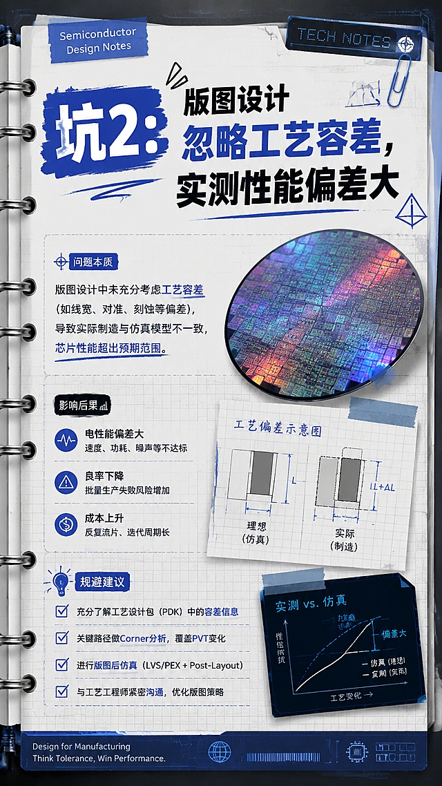 手账科技风内容页，突出文字“坑2：版图设计忽略工艺容差，实测性能偏差大”，搭配半导体晶圆元素，科技手账风格，排版清晰