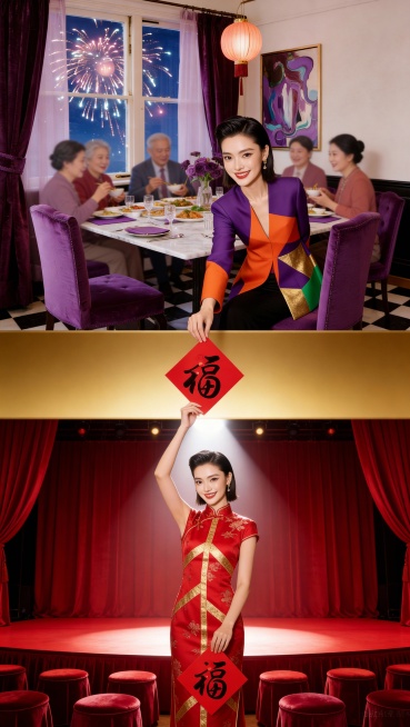 【【上层场景，占比45%】：客厅（参考图2） 。身穿紫色+橙色的拼接时尚质感高级定制高定服饰（参考图1）的高级亚洲模特（参考图3），她大眼睛双眼皮，长相很时髦，微笑，齐肩短发大背头，和亲人们坐在紫色的预览效果