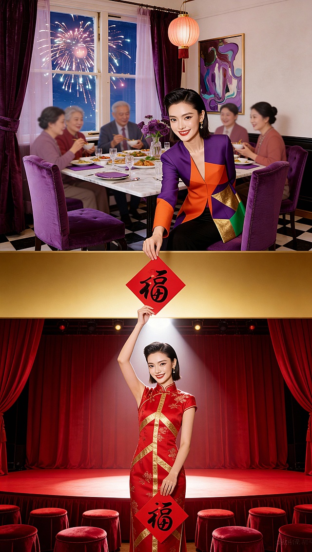 【【上层场景，占比45%】：客厅（参考图2） 。身穿紫色+橙色的拼接时尚质感高级定制高定服饰（参考图1）的高级亚洲模特（参考图3），她大眼睛双眼皮，长相很时髦，微笑，齐肩短发大背头，和亲人们坐在紫色的椅子吃团年饭（亲人们人物稍微虚化）， 女性模特上半身跨越界面从场景中延伸到底部场景，右手拿着红色小小的红底金字福字，从上层画面底部伸出，从中间信息条的上方穿过，传递到下层场景；下层场景中的年轻女性的手抬起接着上层场景递过来的小小的红底金字福字，小小的红底金字福字经过中间信息条上面。
	
【中间场景  画面占比15%】：（通栏分割上下两个真实场景），金色渐变背景且布局简洁规整，不放任何文字，上方递出的小小的红底金字福字显示在中间信息条上面。
	
【下层场景，占比40%】：一位亚洲年轻女性，齐肩短发大背头，红色礼服，服饰上有淡淡的花纹，旗袍上有金色几何条状装饰，站着，女性微笑地高高地抬起手接过从上方传递下来的小小的红底金字福字，手放在在中间场景上拿到（手需要握住小小的红底金字福字中下部），背景是红色的舞台 一束灯光打在模特身上，舞台下有红色帷幔 红色的几排丝绒凳子 奢华简约高级