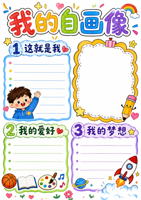 制作竖版A4我的自画像手抄报，马克笔手绘风格，白色背景，顶部彩色卡通大标题“我的自画像”，分为：1这就是我、2我的爱好、3我的梦想三个板块，角落留有一个卡通可爱的自画像框，整体风格活泼童趣，适合小学生预览效果