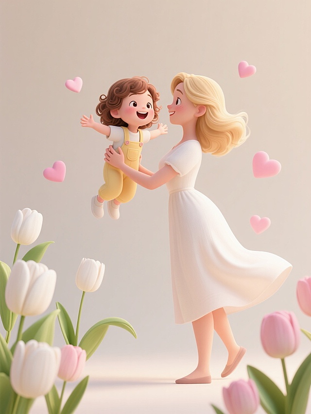 3D卡通风格，柔和的米白色与淡粉色为主色调，温暖的侧光效果，柔和阴影，光滑细腻的塑胶质感，一位金发碧眼的母亲，穿着飘逸的白色连衣裙，裙摆随风扬起，她侧身弯腰，双手温柔地托举着一个有着棕色卷发、穿着淡黄色背带裤的小女孩，小女孩张开双臂，脸上洋溢着灿烂的笑容，周围环绕着盛开的白色和淡粉色郁金香，几片嫩绿的叶子点缀其间，空中漂浮着几颗粉色的心形装饰，整体构图温馨和谐，充满母爱与童真的氛围。