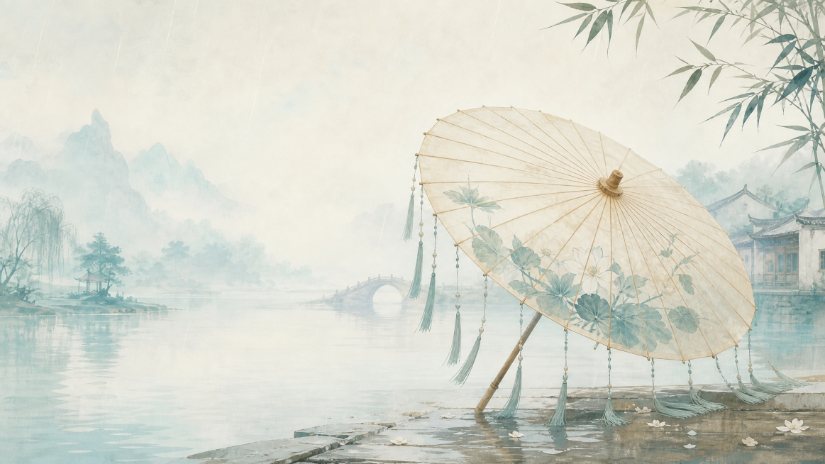 非遗油纸伞国风主页，烟雨江南浅青米白色调，水墨纹理背景，背景飘着细雨，油纸伞带有轻飘流苏，横板构图，整体国风淡雅预览效果
