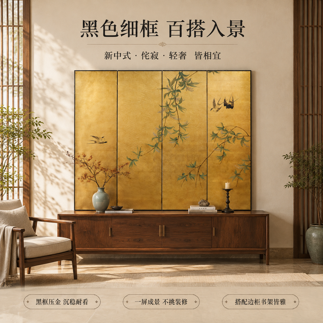 [主图-3] 风格搭配与陈列关系图：展示金箔屏风·柳舞燕归图在… - 图片创意预览