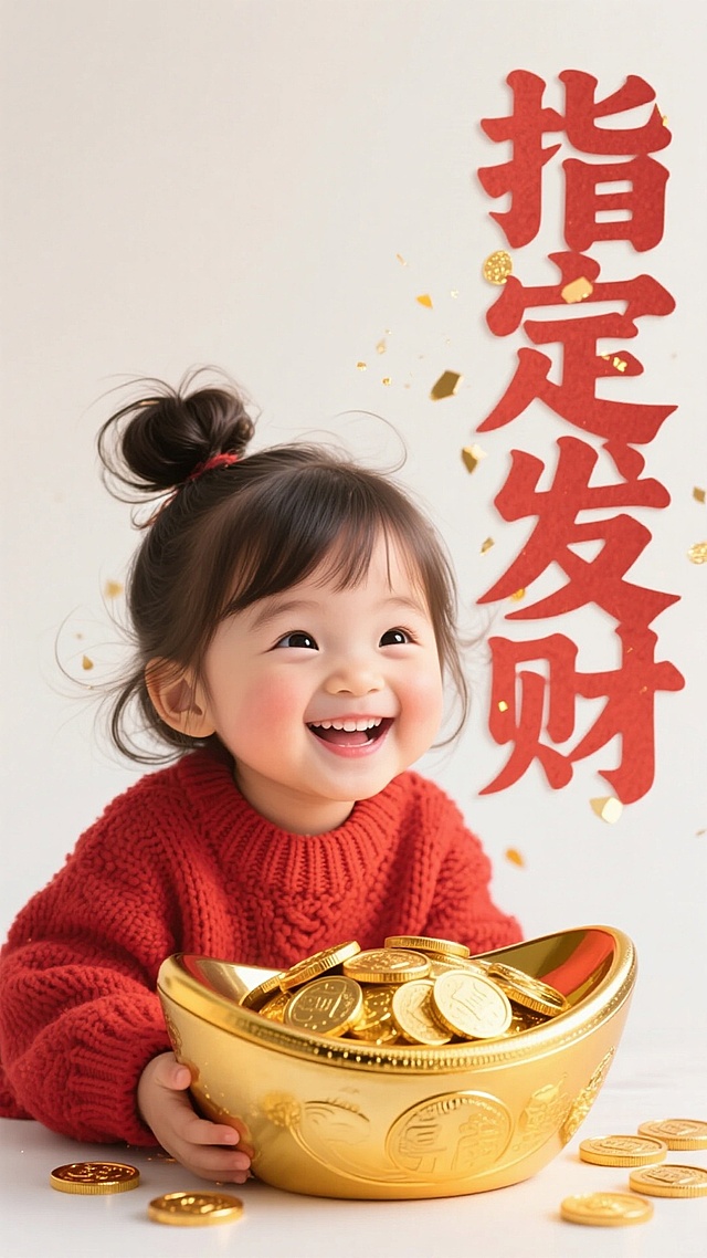 国潮风童趣海报，喜庆红衣萌娃捧金元宝，鎏金重拟物设计，金属质感金币飞溅，红色立体字“指定发财”烘托新春吉祥氛围。