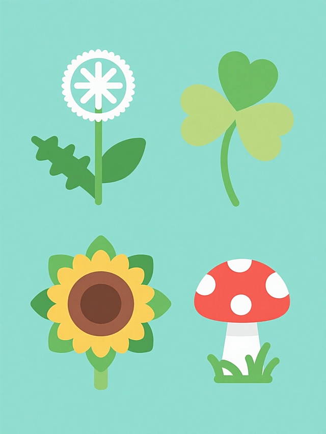 系列植物图标设计，4个不同元素内容的集合，规整排布，每个图标采用平面插画风格，轮廓清晰，线条简洁平滑，色彩鲜明饱和，纯色背景，无渐变无纹理，第一个为蒲公英，绿色茎秆，锯齿状绿叶，顶端白色绒毛球；第二个为三叶草，三片心形叶片，浅绿色，茎秆纤细；第三个为向日葵花苞，圆形花盘，外层环绕绿色叶片，顶部有黄色花瓣初绽；第四个为小蘑菇，红色菌盖带白色圆点，白色菌柄，底部有绿色草叶点缀，整体设计风格统一，元素类目保持植物主题，画面整体色彩变换为清新明快的色调，每个图标独立完整，排列整齐有序。