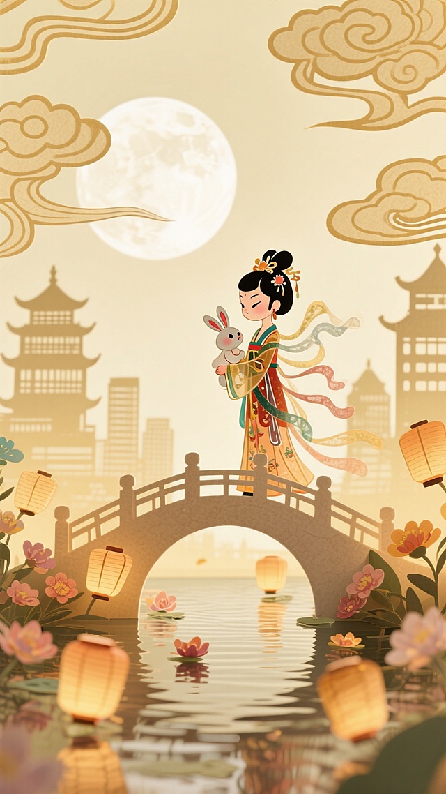 皎洁的巨大的圆月占画面中间，国标城市为远景，嫦娥装扮的迷你的Q版小女孩站在桥上，手里抱着兔子，近景是飘在河流上花灯，干净的浅黄色背景，线稿国风纸祥云环耀整个画面