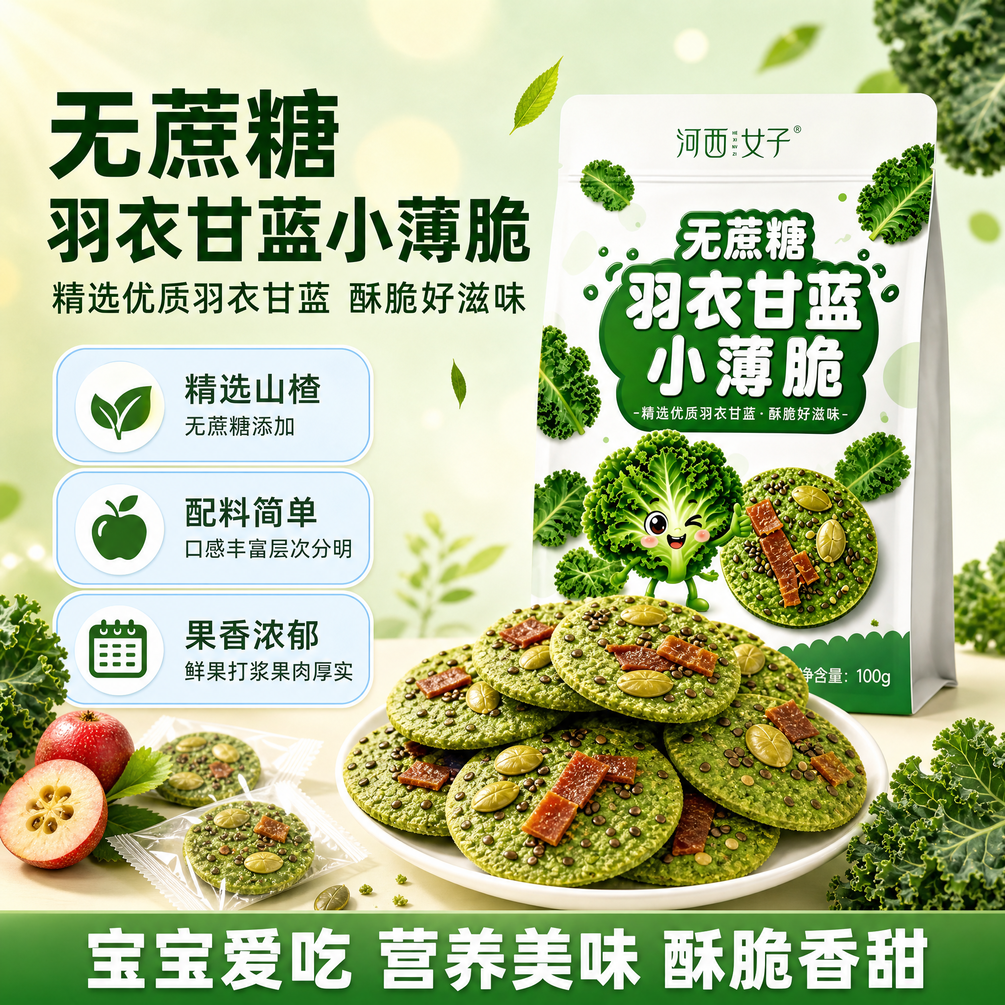 [主图-7] 羽衣甘蓝小薄脆 产品包装+卖点总结图。 [氛围风… - 图片创意预览