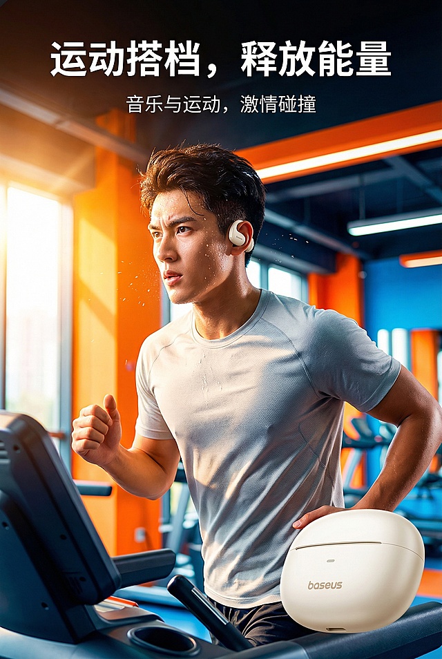 【第十一屏：场景展示——运动】
中文提示词： 一张2:3竖版的电商详情图，展示生活方式场景。一个年轻男性在明亮的健身房跑步机上跑步，戴着“倍思”开放式蓝牙耳机，神情专注且充满活力。画面捕捉动感瞬间，汗水从额头滑落。主标题“运动搭档，释放能量”，副标题“音乐与运动，激情碰撞”。整体色调充满活力，光线明亮，色彩饱和度高。严格还原上传的产品图，包括包装设计、颜色、LOGO位置、文字内容、图案元素等所有细节，保持产品的真实哑光质感。 负面提示词： 人物表情痛苦，场景不真实，产品佩戴不清晰，光线昏暗。

【第十二屏：场景展示——通勤/办公】
中文提示词： 一张2:3竖版的电商详情图，展示生活方式场景。一个商务人士在现代化的办公室里，戴着“倍思”开放式蓝牙耳机，一边听着会议内容一边做笔记，显得非常专注。背景是模糊的办公环境，突出人物。主标题“通勤办公，高效沉浸”，副标题“享受音乐，不错过环境音”。整体氛围安静、专业，色调沉稳。严格还原上传的产品图，包括包装设计、颜色、LOGO位置、文字内容、图案元素等所有细节，保持产品的真实哑光质感。 负面提示词： 场景杂乱，人物姿态不自然，光线昏暗，产品不突出。

【第十三屏：场景展示——休闲】
中文提示词： 一张2:3竖版的电商详情图，展示生活方式场景。一个女孩在阳光明媚的公园长椅上，戴着“倍思”开放式蓝牙耳机，一边看书一边享受阳光和音乐，神情惬意放松。画面色彩温暖、明亮，充满幸福感。主标题“休闲时光，沉浸音乐”，副标题“自由聆听，惬意生活”。严格还原上传的产品图，包括包装设计、颜色、LOGO位置、文字内容、图案元素等所有细节，保持产品的真实哑光质感。 负面提示词： 人物表情不自然，画面色调阴冷，与产品无关的元素过多，光线刺眼。

【第十四屏：规格参数表】
中文提示词： 一张2:3竖版的电商详情图，采用精致的信息图表风格。画面设计成一个干净、清晰的参数表格，背景为浅灰色，表格线条纤细。表格中列出“倍思”开放式蓝牙耳机的各项核心参数，如“蓝牙版本”、“续航时间”、“防水等级”、“重量”等。主标题“详细参数，一目了然”，字体醒目。表格设计美观，使用与整体风格统一的字体和配色。严格还原上传的产品图，包括包装设计、颜色、LOGO位置、文字内容、图案元素等所有细节，保持产品的真实哑光质感。 负面提示词： 表格设计丑陋，文字模糊，信息排版混乱，背景有多余元素。

【第十五屏：售后与包装】
中文提示词： 一张2:3竖版的电商详情图，建立品牌信任背书。画面展示“倍思”开放式蓝牙耳机的完整包装，旁边整齐地摆放着耳机、充电线、说明书等配件。背景为干净的浅灰色，光线柔和均匀。画面上方是主标题“官方正品，安心之选”，下方是副标题“一年质保 | 专业客服 | 品质承诺”。整体设计给人以专业、可靠的感觉。严格还原上传的产品图，包括包装设计、颜色、LOGO位置、文字内容、图案元素等所有细节，保持产品的真实哑光质感。 负面提示词： 包装展示不完整，配件摆放混乱，文字信息不清晰，背景杂乱。