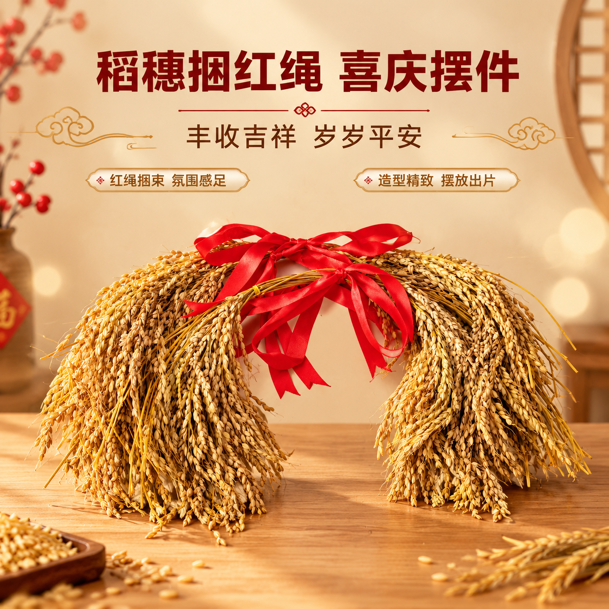 [商品] 使用【图1】稻穗捆红绳喜庆摆件；保留干稻穗金黄质感、… - 图片创意预览