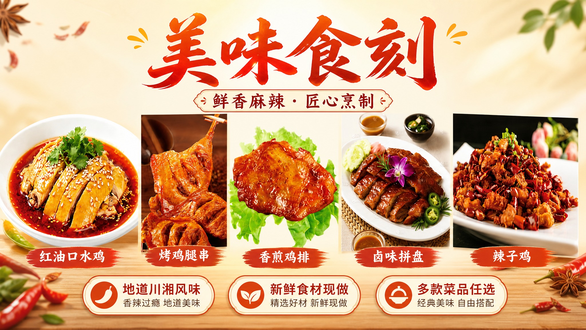 横向美食海报，16:9比例，简单明亮配色。画面展示5款特色菜品… - 图片创意预览