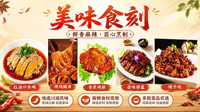 横向美食海报，16:9比例，简单明亮配色。画面展示5款特色菜品（从左到右依次为：【图1】红油口水鸡、【图2】烤鸡腿串、【图3】香煎鸡排、【图4】卤味拼盘、【图5】辣子鸡），菜品以图为准，保持食物原貌和诱人色泽。背景为温暖的浅米色渐变，干净明亮。顶部居中放置主标题"美味食刻"，字体醒目有食欲感；副标题"鲜香麻辣 · 匠心烹制"位于主标题下方。菜品下方或两侧分布3个卖点标签："地道川湘风味"、"新鲜食材现做"、"多款菜品任选"。整体版式精美，层次分明，暖色调营造食欲氛围，顶部柔光照射，食物呈现新鲜诱人质感。画面中所有信息区域必须填充完整合理的内容，不得出现空白框或待填写区域。