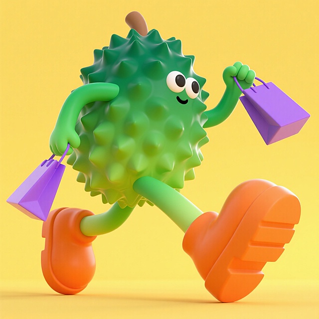 软3D风格的拟人榴莲，萌趣十足，手持购物袋奔跑，充满卡通感与趣味感，表示“流连忘返”，明亮色彩呼应节日欢庆氛围。