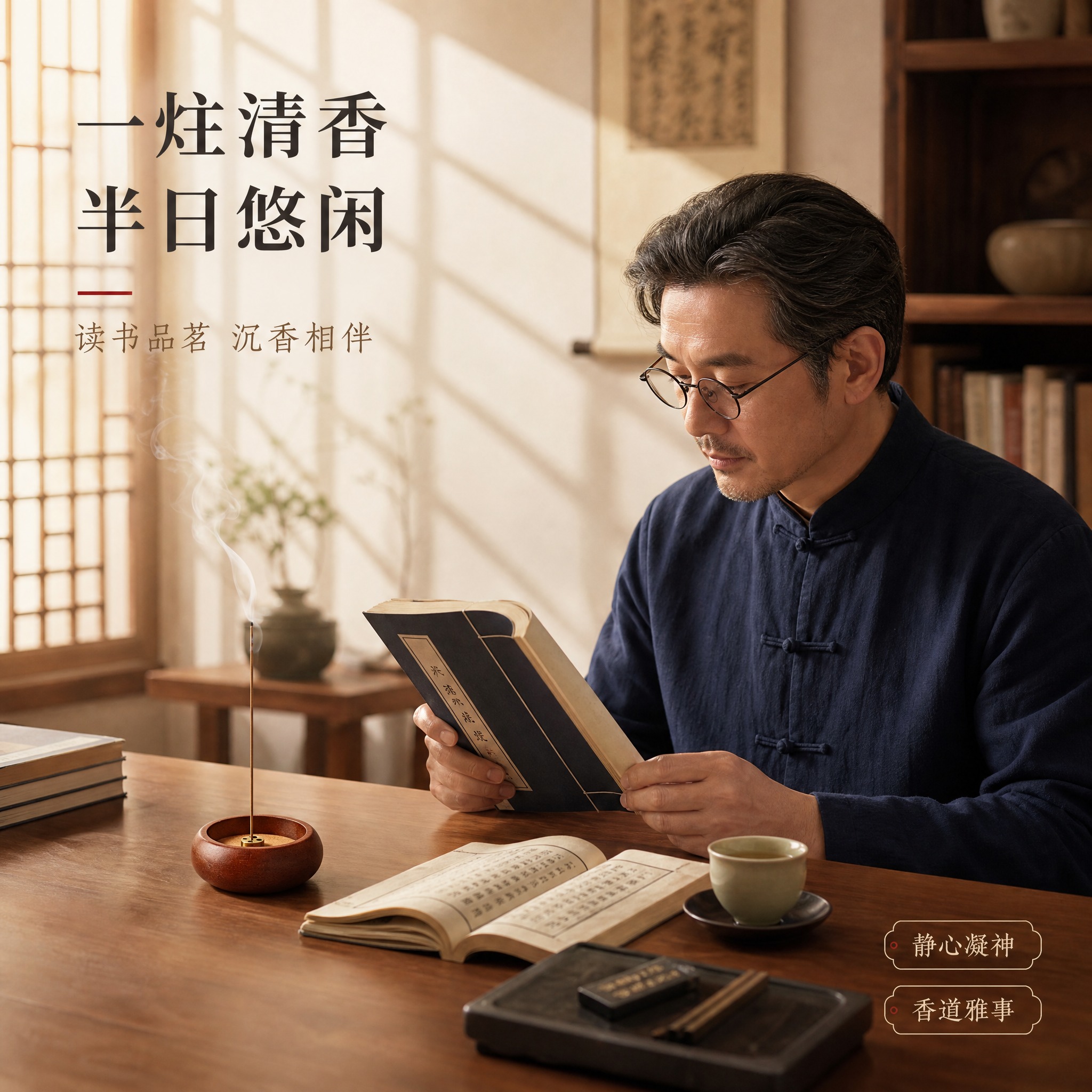 [主图-5] 沉香线香书房使用场景，点香品茗读书，营造中式雅致… - 图片创意预览