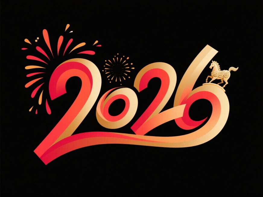 ”2026“渐变红金艺术字，数字笔划呈烟花绽放形态，转角处嵌迷你骏马浮雕，黑底预览效果