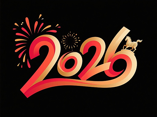 ”2026“渐变红金艺术字，数字笔划呈烟花绽放形态，转角处嵌迷你骏马浮雕，黑底