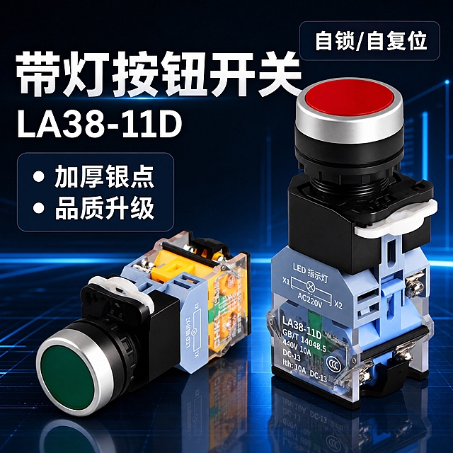电商主图，LA38-11D带灯按钮开关主图，800*800正方形，深蓝科技工业风，产品精修。全部文字使用思源黑体 Bold字体。左上角CHKL凯蓝LOGO去掉，产品上的"浙江凯蓝电气有限公司"和"CHKL"去掉。

[画面主体] 画面展示两款带灯按钮产品：右侧立放红色带灯按钮（蓝色底座银触点款，带LED指示灯模块），左侧横放绿色带灯按钮（侧躺展示侧面结构）。产品精修处理，按钮头部光滑圆润，银色金属环高光锐利，黑色底座质感细腻，透明触点底座通透，内部银触点结构清晰可见，LED指示灯模块蓝色外壳质感干净，无灰尘划痕。产品透明底座上的"CHKL"和"浙江凯蓝电气有限公司"字样全部清除去掉，只保留LA38型号和参数标识。产品占画面约65%。

[背景风格] 深蓝色到黑色的科技感工业背景，带有蓝色光线和科技网格效果，地面有反光，整体工业科技感，干净不杂乱，突出产品主体。

[文字区]
  右上角深色标签："自锁/自复位" 白色粗体
  左侧大标题："带灯按钮开关" 白色超大粗体
  标题下方型号："LA38-11D" 白色大粗体
  型号下方深色圆角标签两个卖点：
    "● 加厚银点" 白色粗体
    "● 品质升级" 白色粗体

[光影质感] 商业产品摄影质感，主光从左上方打来，金属环高光锐利，按钮塑胶质感光滑，黑色底座细腻，透明件通透，LED模块蓝色外壳质感干净，整体立体感强。

[配色] 主色：深蓝/黑色工业背景；强调色：红色（带灯按钮头）、绿色（带灯按钮头）、蓝色（底座、LED模块）、银色（金属环）、白色（主文字）；整体高对比度，专业工业科技感。

[产品处理] 左上角"CHKL凯蓝"LOGO全部去掉不要。产品透明底座上的"CHKL"和"浙江凯蓝电气有限公司"字样全部清除，只保留LA38型号、电压电流参数、CCC认证、LED指示等技术标识。产品精修，金属件高光锐利，银触点质感真实，透明件通透，塑胶件干净无划痕。

[文字要求] 全部文字使用思源黑体 Bold字体，横排，排版整齐，层级清晰。文案与原图完全一致，不增减内容。

[规格] 图片尺寸800*800正方形，2K分辨率，避免变形、错字、文字过小、产品模糊、背景杂乱、水印、平台logo。左上角无CHKL凯蓝LOGO，产品上无CHKL和浙江凯蓝电气有限公司字样。