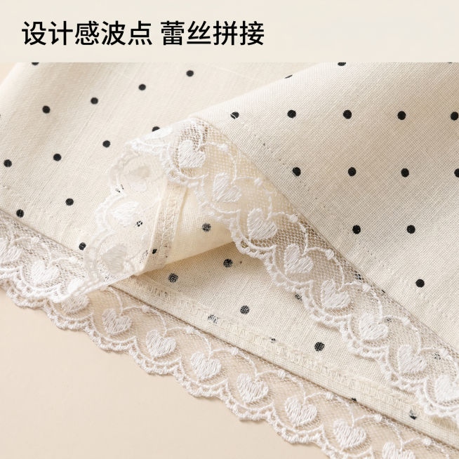 [主图 4] 波点半身裙蕾丝拼接细节特写。[氛围风格] 日韩休闲风，高级质感，清晰展示工艺细节；[画质] 商业摄影质感，光线柔和通透，产品清晰真实，画面干净高级。[元素] 特写展示本款米白色波点半身裙预览效果